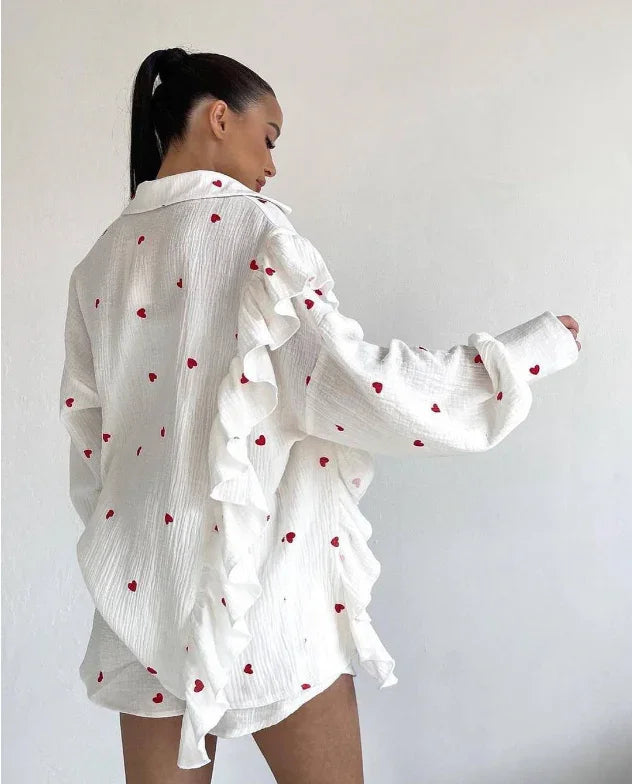 Women's Ruffled Sleeve Co-ord Set - Button-Down Blouse & High-Waisted Shorts