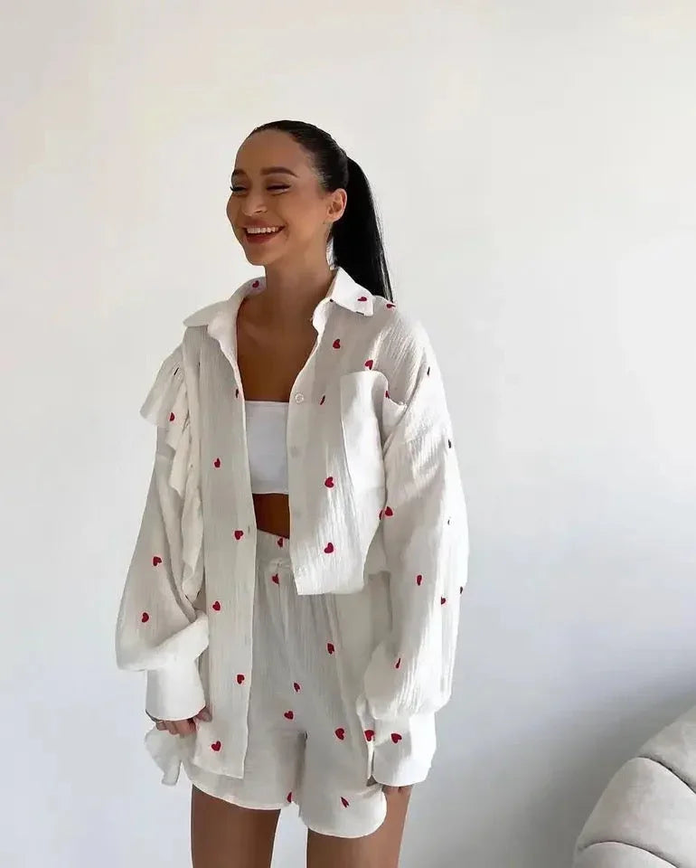 Women's Ruffled Sleeve Co-ord Set - Button-Down Blouse & High-Waisted Shorts