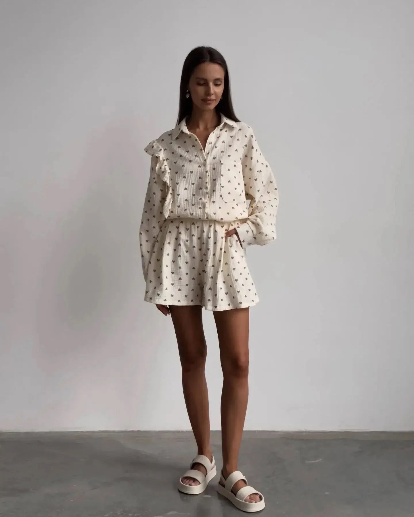 Women's Ruffled Sleeve Co-ord Set - Button-Down Blouse & High-Waisted Shorts