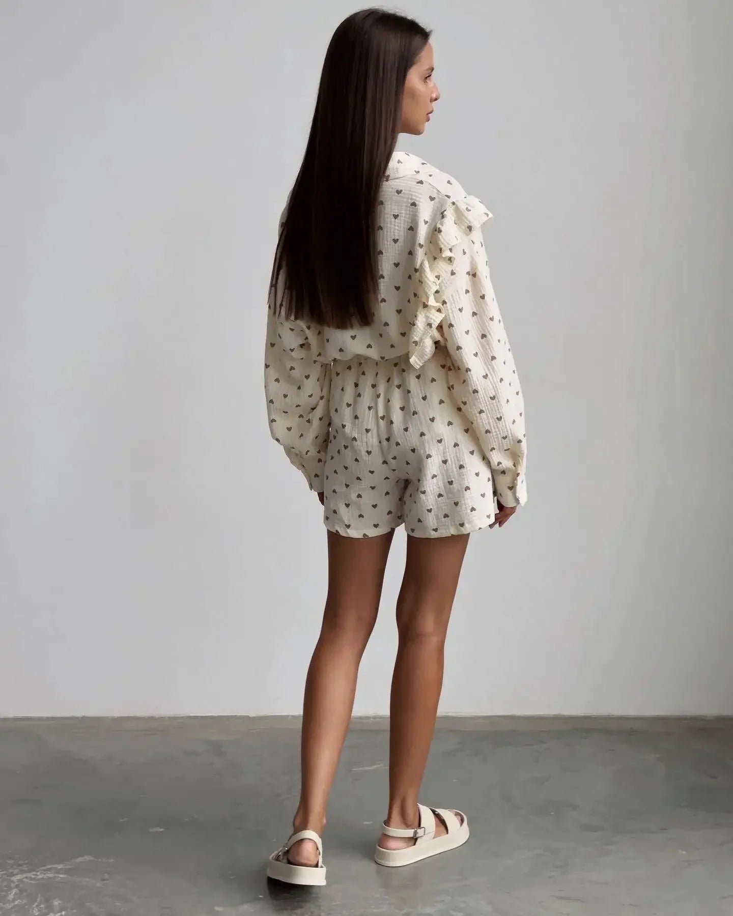 Women's Ruffled Sleeve Co-ord Set - Button-Down Blouse & High-Waisted Shorts