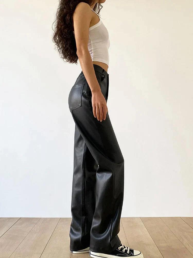 Women's Wide Leg Faux Leather Trousers High Waisted Chic Fit