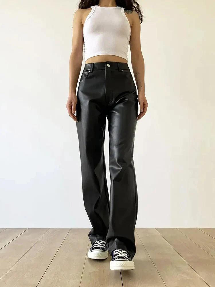 Women's Wide Leg Faux Leather Trousers High Waisted Chic Fit