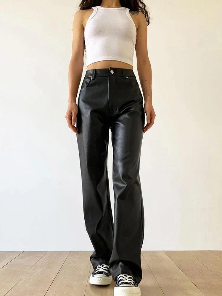 Women's Wide Leg Faux Leather Trousers High Waisted Chic Fit