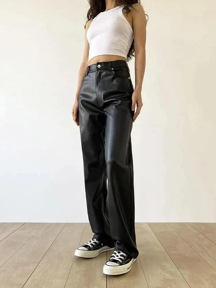 Women's Wide Leg Faux Leather Trousers High Waisted Chic Fit