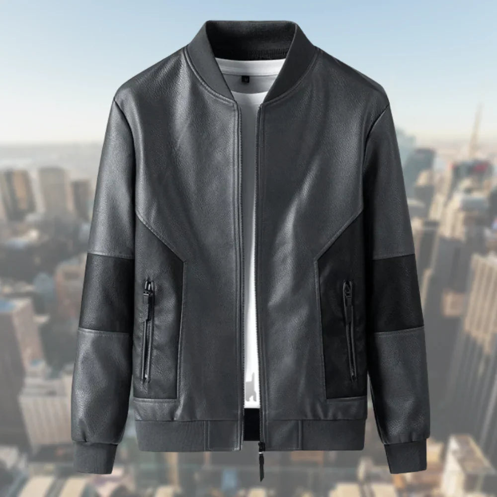 Men’s Leather Look Bomber Jacket with Ribbed Collar and Cuffs