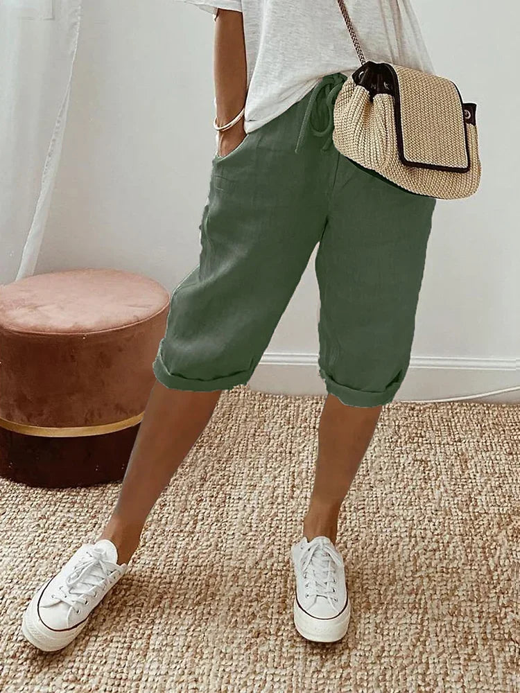 Women's Relaxed Fit Capri Trousers with Elastic Waist Drawstring