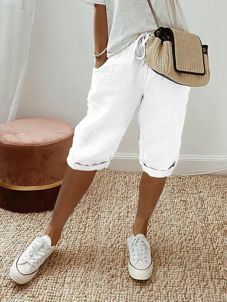 Women's Relaxed Fit Capri Trousers with Elastic Waist Drawstring