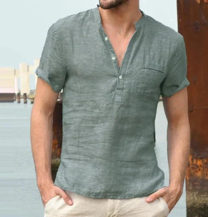 Men’s Short Sleeve Linen Shirt Mandarin Collar