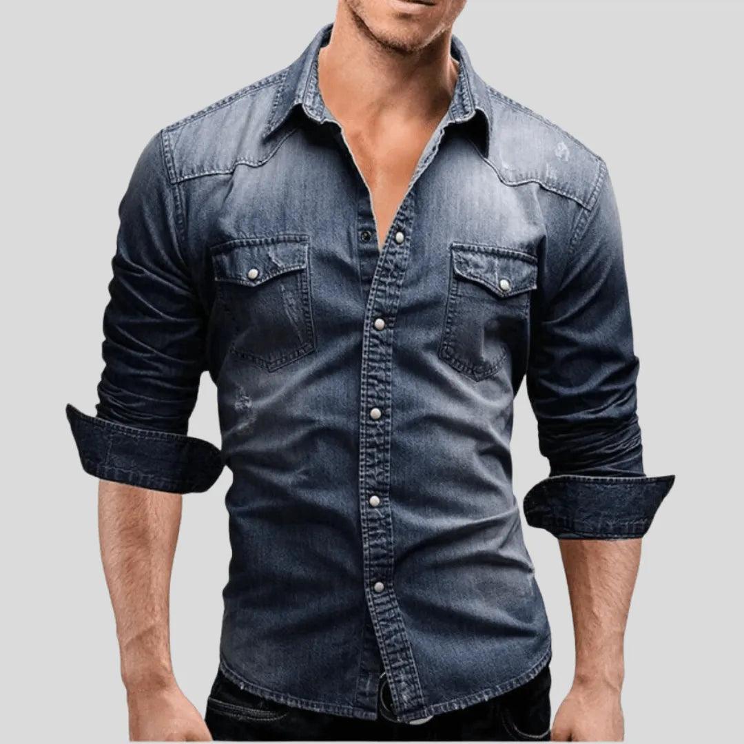 Men's Denim Shirt Long Sleeve Snap Button Closure