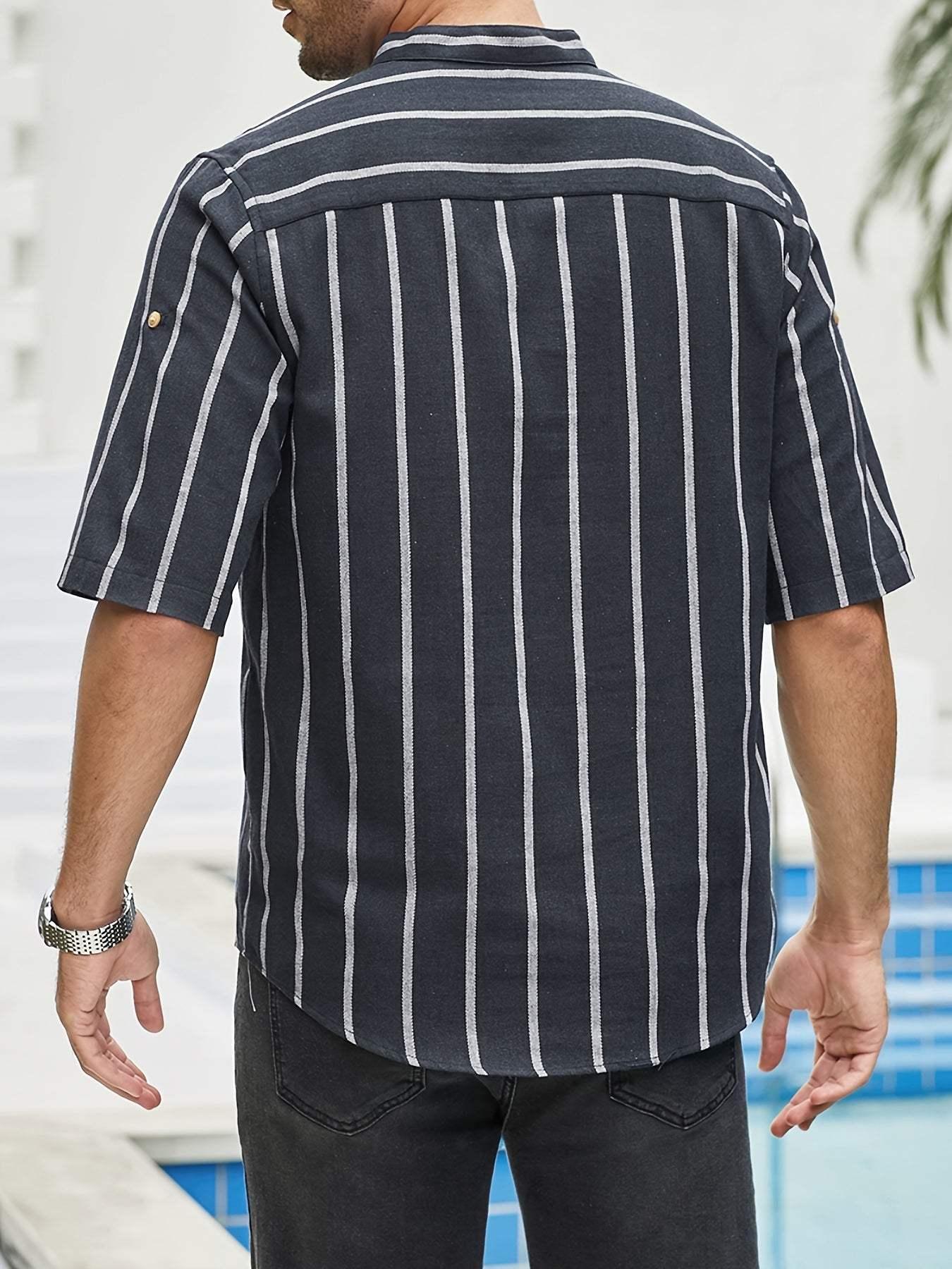 Men’s Short Sleeve Casual Shirt - Vertical Stripes - Band Collar Relaxed Fit
