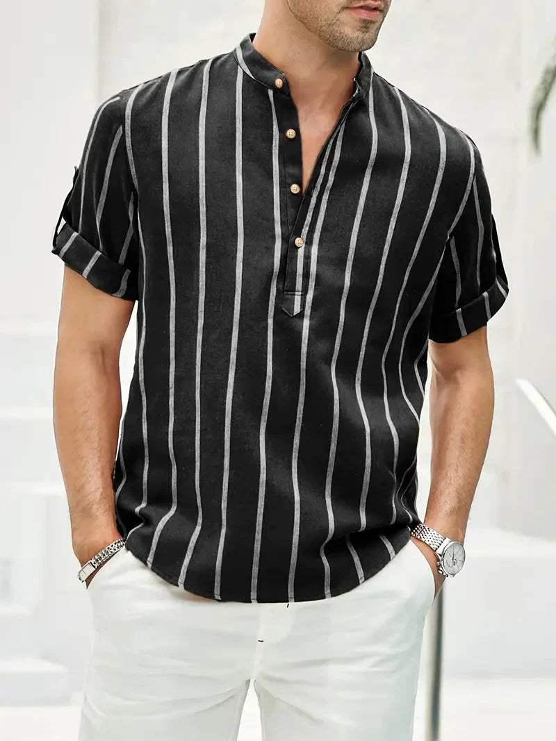 Men’s Short Sleeve Casual Shirt - Vertical Stripes - Band Collar Relaxed Fit