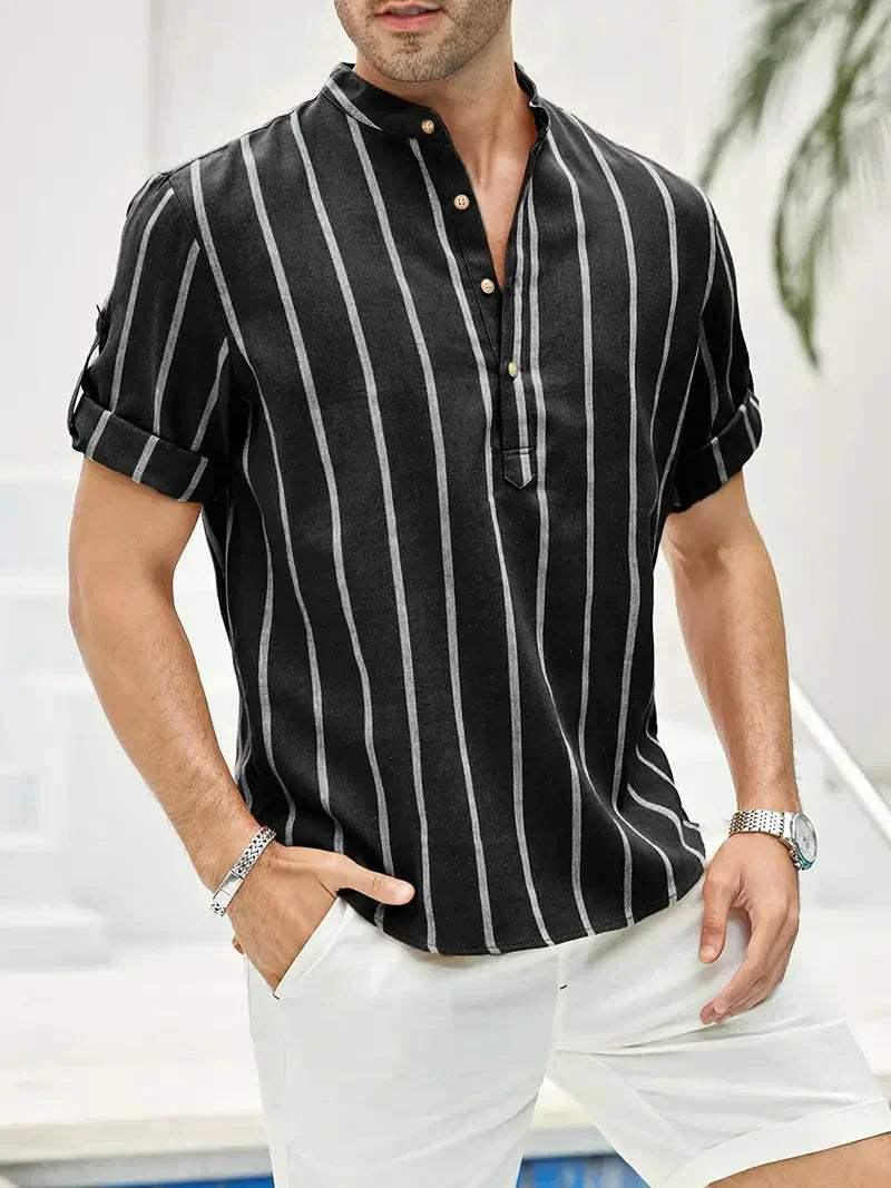 Men’s Short Sleeve Casual Shirt - Vertical Stripes - Band Collar Relaxed Fit