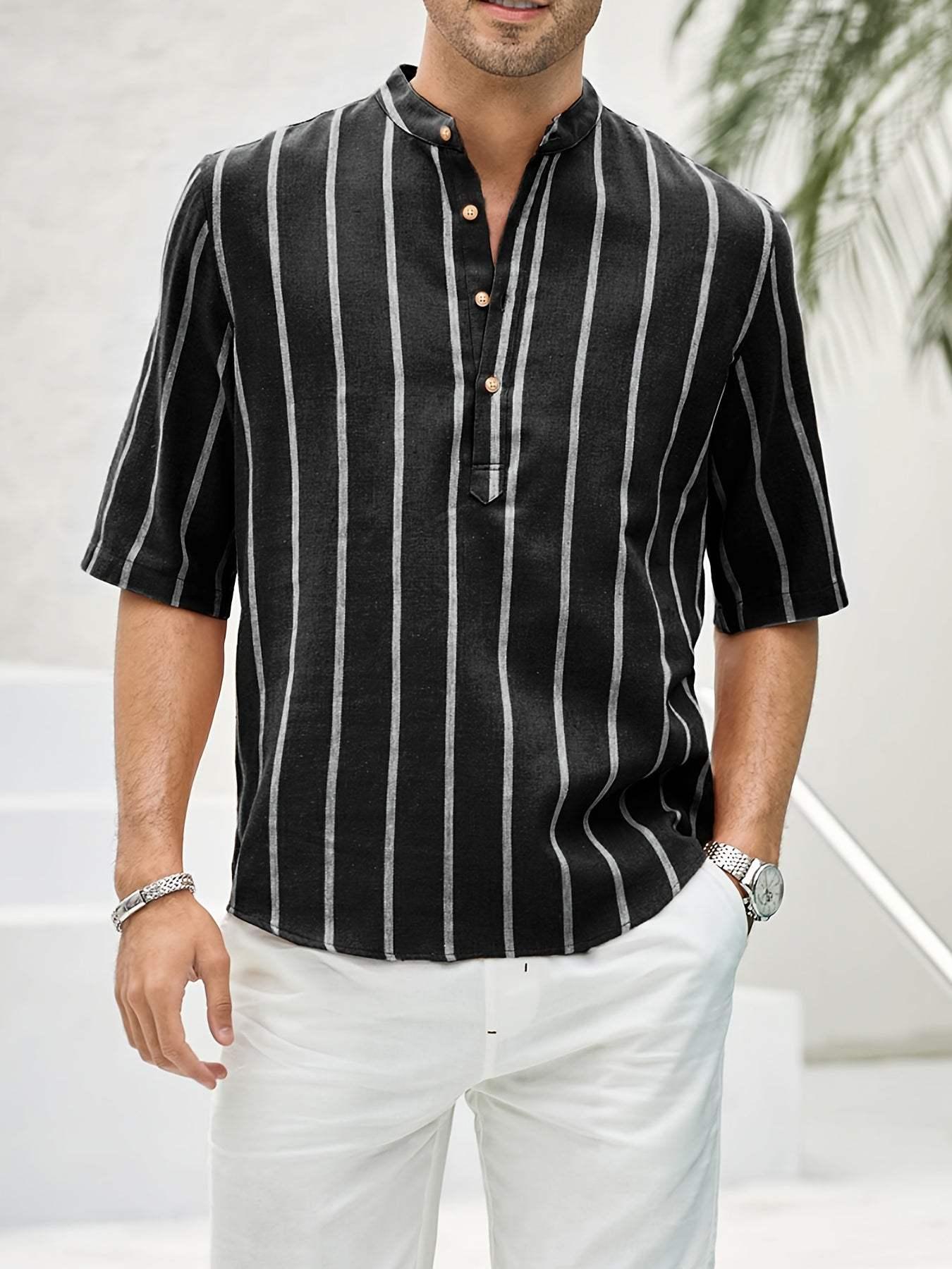 Men’s Short Sleeve Casual Shirt - Vertical Stripes - Band Collar Relaxed Fit
