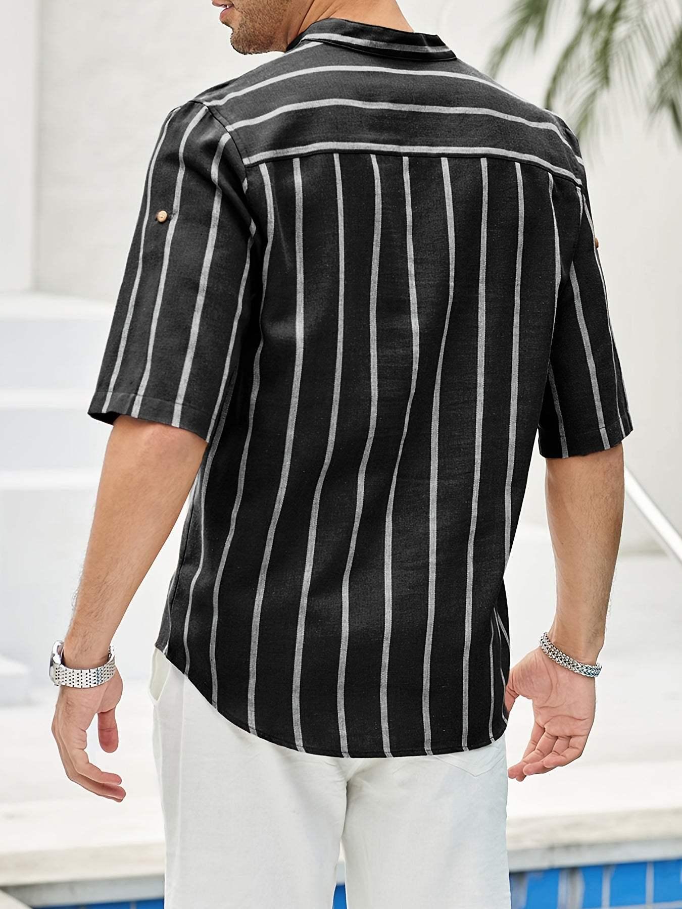 Men’s Short Sleeve Casual Shirt - Vertical Stripes - Band Collar Relaxed Fit