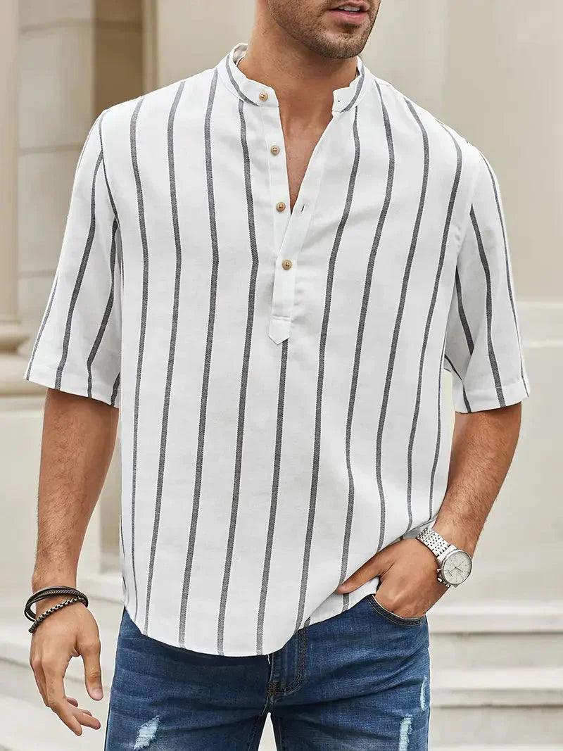 Men’s Short Sleeve Casual Shirt - Vertical Stripes - Band Collar Relaxed Fit