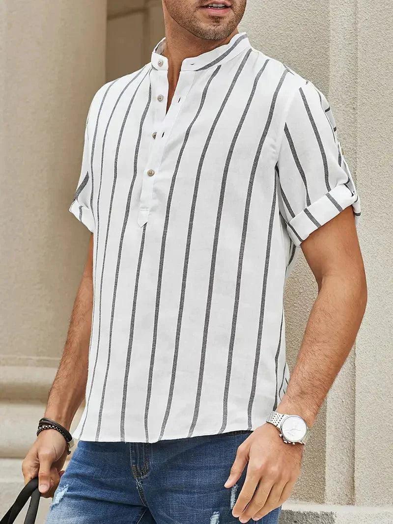 Men’s Short Sleeve Casual Shirt - Vertical Stripes - Band Collar Relaxed Fit