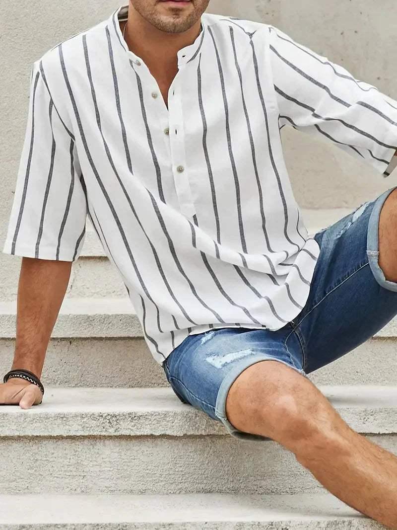 Men’s Short Sleeve Casual Shirt - Vertical Stripes - Band Collar Relaxed Fit