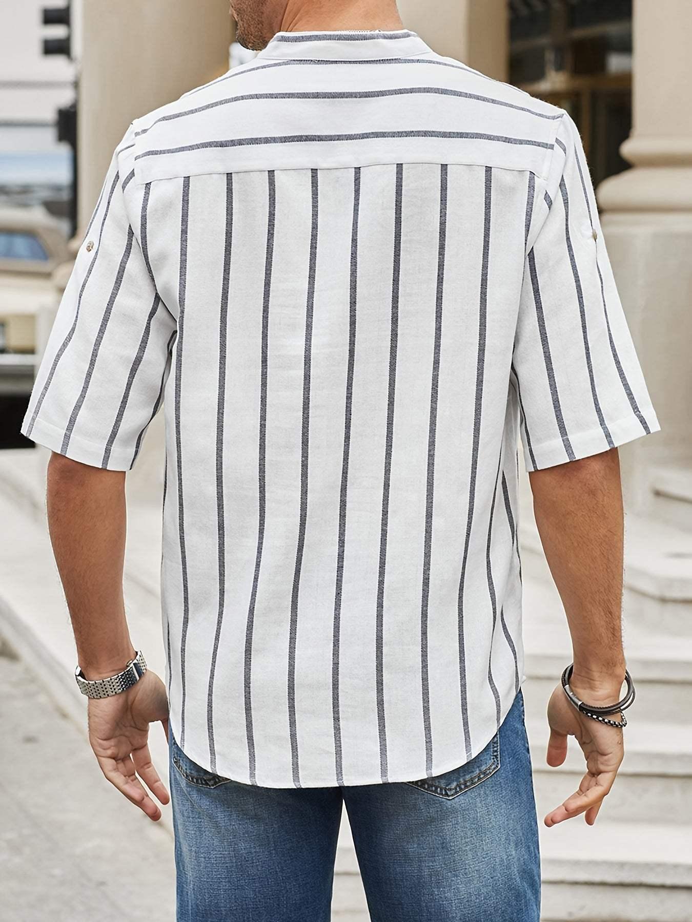 Men’s Short Sleeve Casual Shirt - Vertical Stripes - Band Collar Relaxed Fit