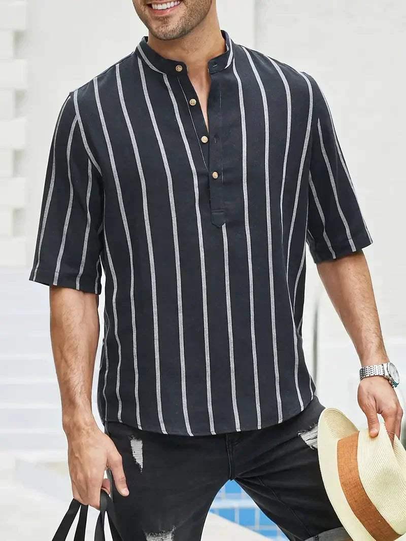 Men’s Short Sleeve Casual Shirt - Vertical Stripes - Band Collar Relaxed Fit