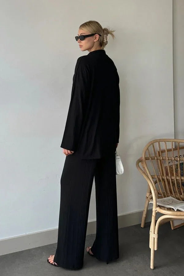 Women's Knit Co-Ord Set - Button-Up Long Sleeve Top & High-Waisted Trousers