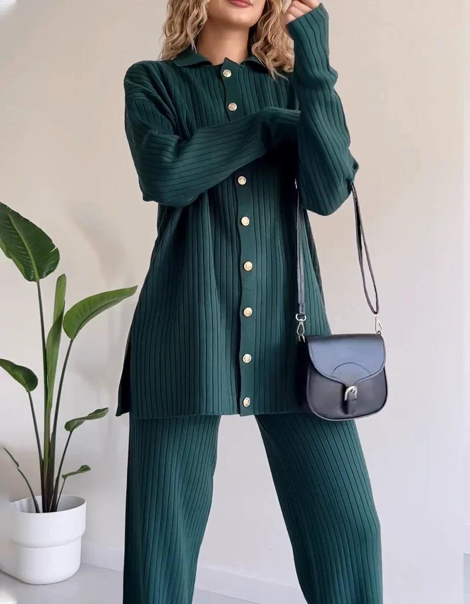 Women's Knit Co-Ord Set - Relaxed Fit Button-Up Top & High-Waisted Wide-Leg Trousers
