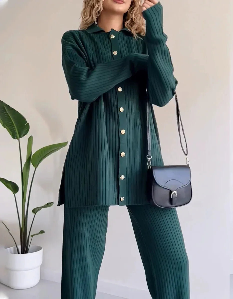 Women's Knit Co-Ord Set - Button-Up Long Sleeve Top & High-Waisted Trousers