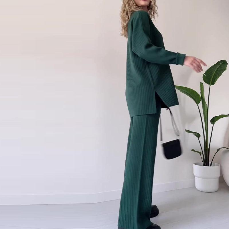 Women's Knit Co-Ord Set - Relaxed Fit Button-Up Top & High-Waisted Wide-Leg Trousers