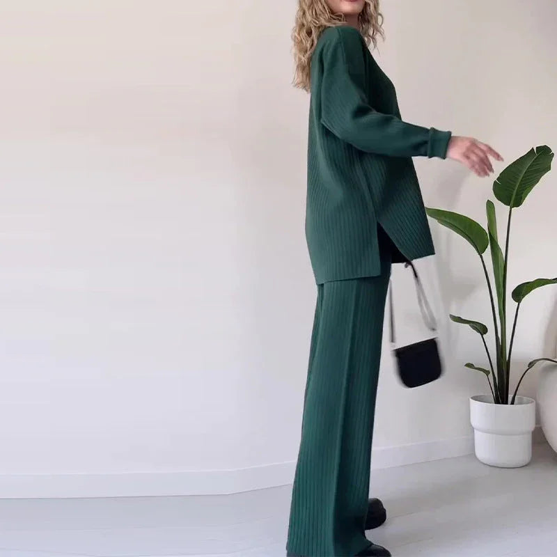 Women's Knit Co-Ord Set - Button-Up Long Sleeve Top & High-Waisted Trousers
