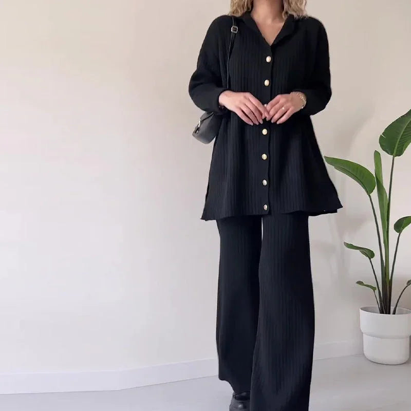 Women's Knit Co-Ord Set - Button-Up Long Sleeve Top & High-Waisted Trousers
