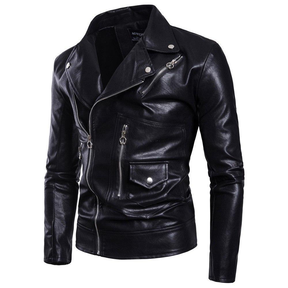 Men’s Leather Biker Jacket Slim Fit Notched Lapel Asymmetrical Zip