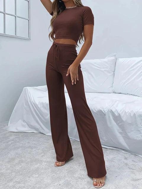 Women's Ribbed Knit Two-Piece Set - Crop Top & High-Waisted Trousers