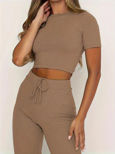Women's Ribbed Knit Two-Piece Set - Crop Top & High-Waisted Trousers