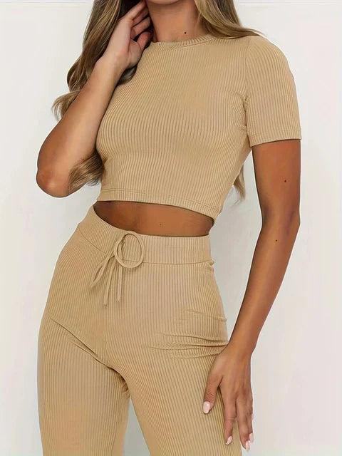 Women's Ribbed Knit Two-Piece Set - Crop Top & High-Waisted Trousers