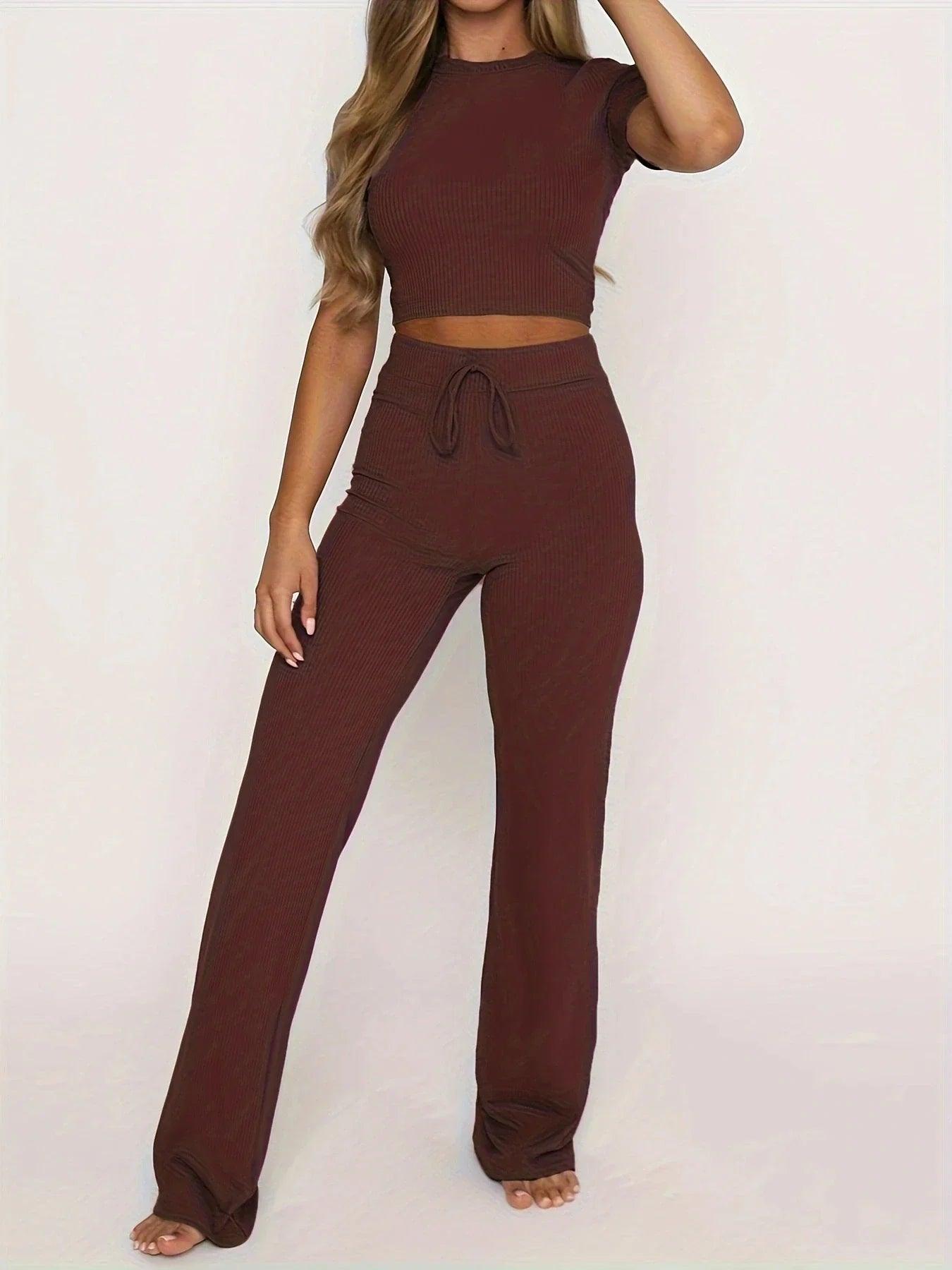 Women's Ribbed Knit Two-Piece Set - Crop Top & High-Waisted Trousers