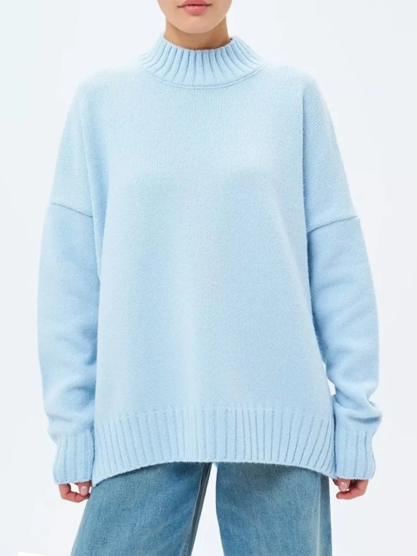 Women's Oversized Ribbed Knit Pullover Sweater with Semi-High Neck and Dropped Shoulders