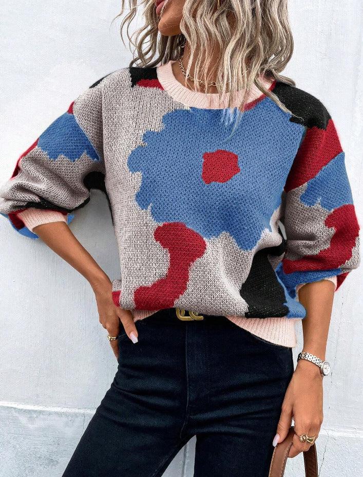 Women's Knit Pullover Sweater Relaxed Fit Balloon Sleeves Round Neck Patterned