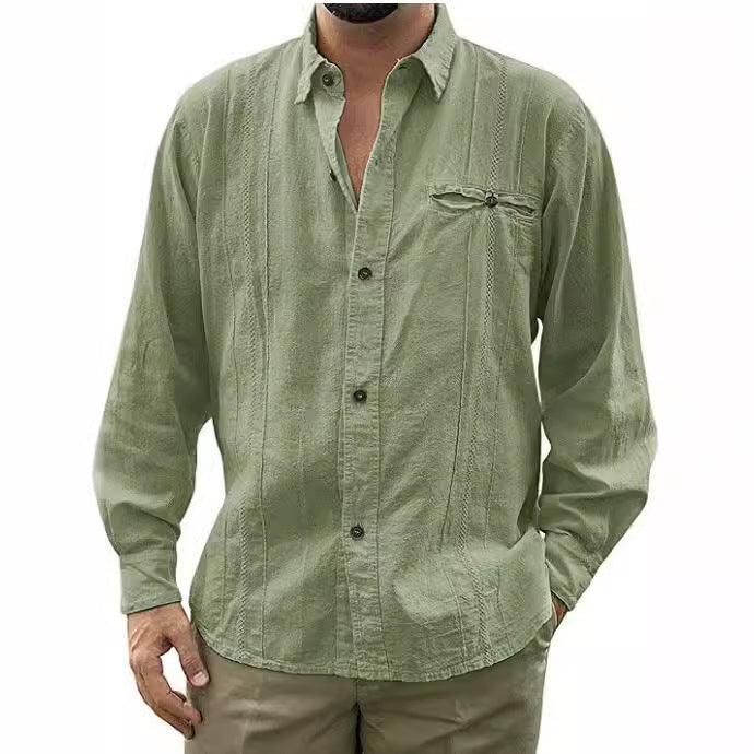 Men’s Long Sleeve Button-Up Linen Shirt with Chest Pocket