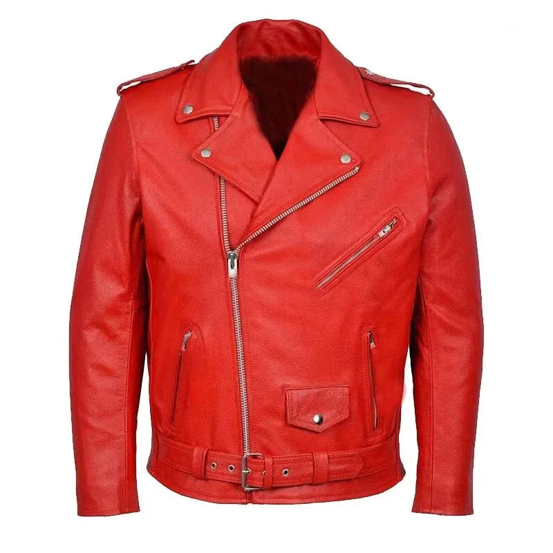 Men’s Leather Biker Jacket Asymmetrical Zip Lapel Collar Belted Waist