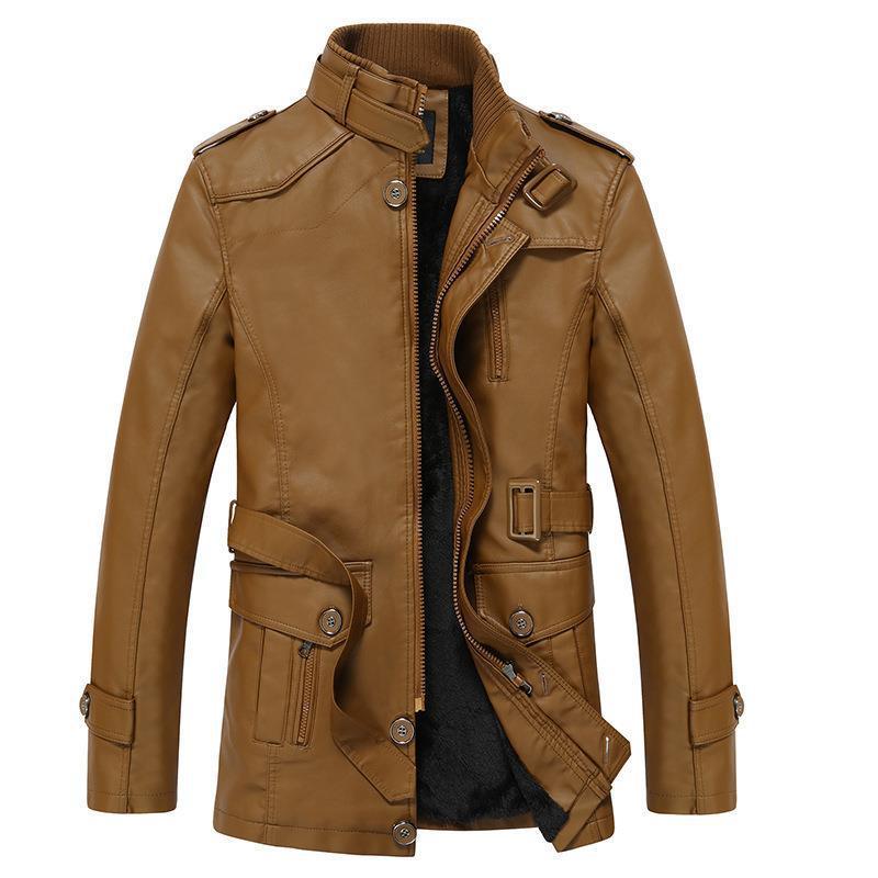 Men's Biker Jacket Faux Leather High Collar Zip Closure Multiple Pockets