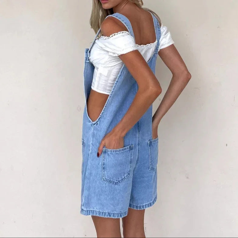 Women's Loose Fit Denim Dungaree Shorts with Adjustable Straps and Pockets