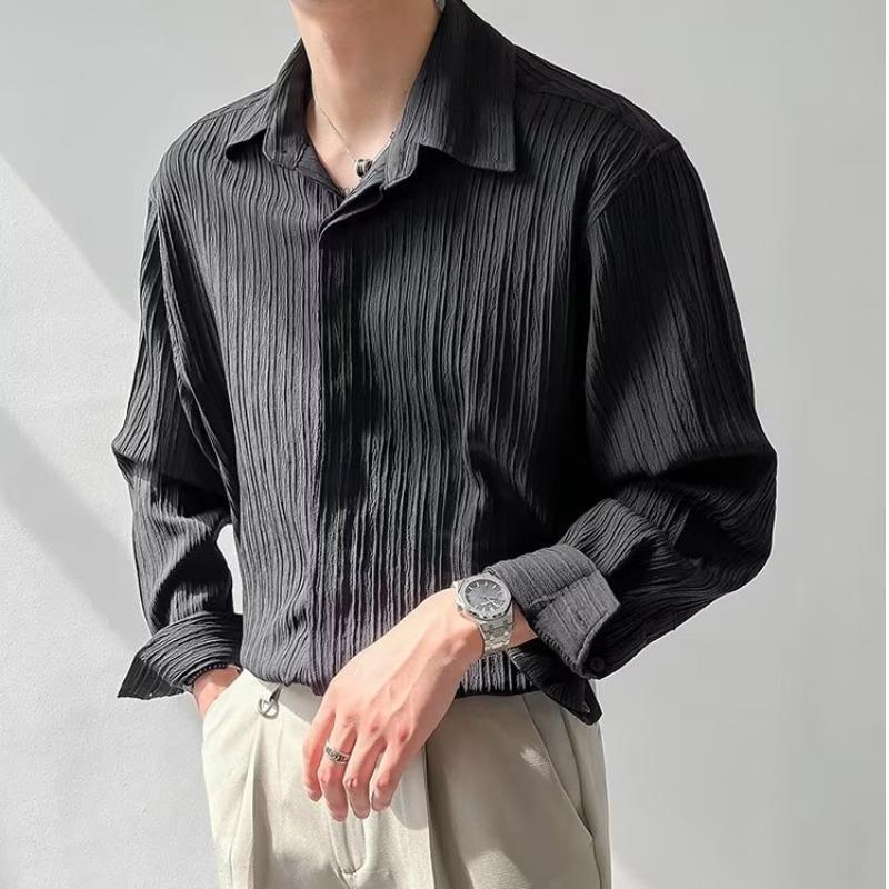 Men's Long Sleeve Shirt Textured Crinkle Fabric Relaxed Fit