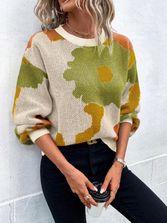 Women's Knit Pullover Sweater Relaxed Fit Balloon Sleeves Round Neck Patterned