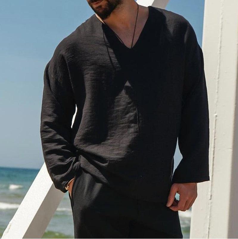 Men’s V-Neck Linen Shirt Long Sleeve Relaxed Fit