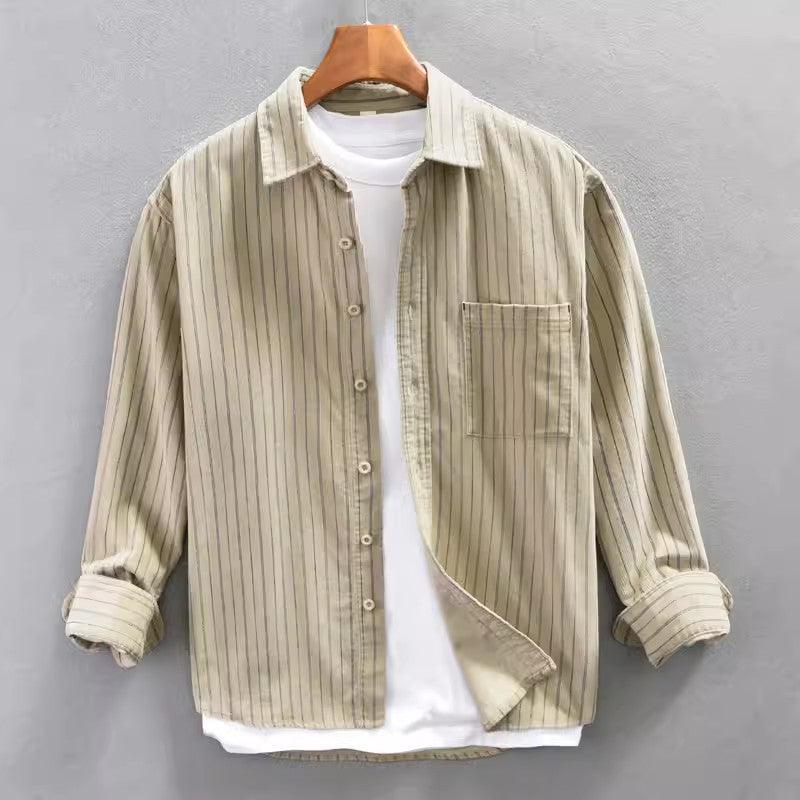 Men's Lightweight Cotton Long Sleeve Shirt - Relaxed Fit Vertical Stripes