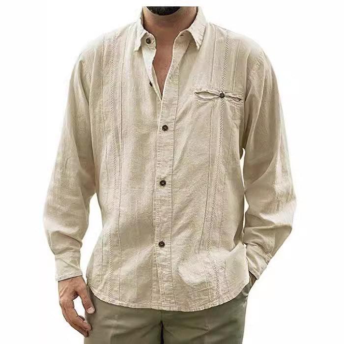Men’s Long Sleeve Button-Up Linen Shirt with Chest Pocket