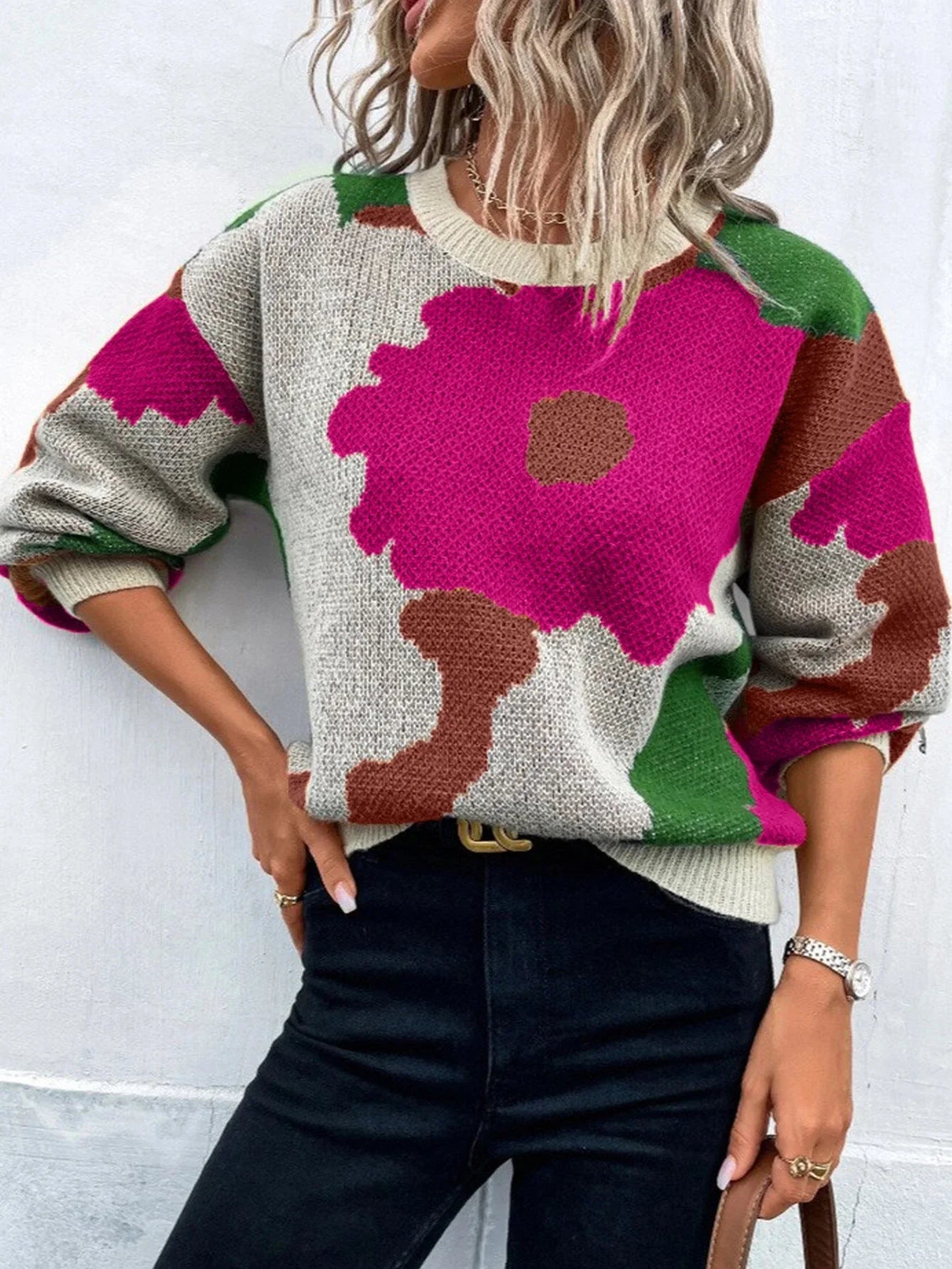 Women's Knit Pullover Sweater Relaxed Fit Balloon Sleeves Round Neck Patterned
