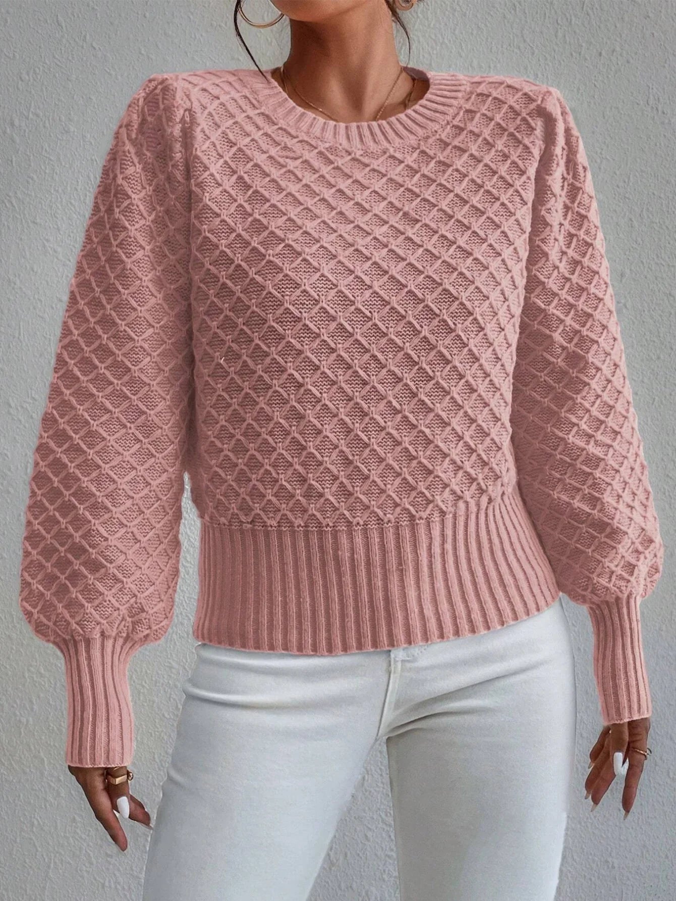 Women's Wool Blend Pullover Sweater - Relaxed Fit, Quilted Texture, Crew Neck