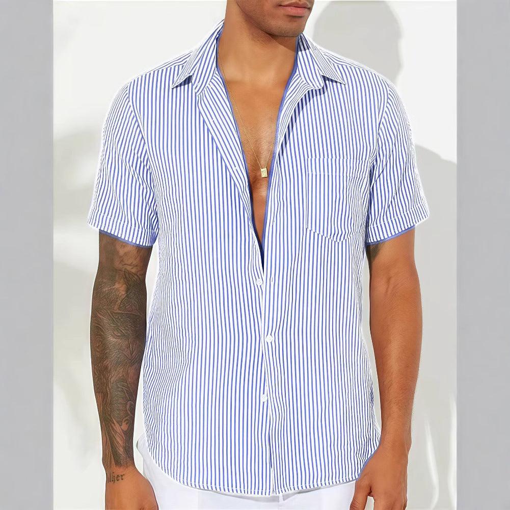 Men's Short Sleeve Casual Shirt Cotton Blend Vertical Stripes