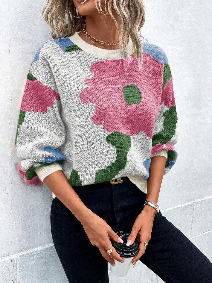Women's Knit Pullover Sweater Relaxed Fit Balloon Sleeves Round Neck Patterned