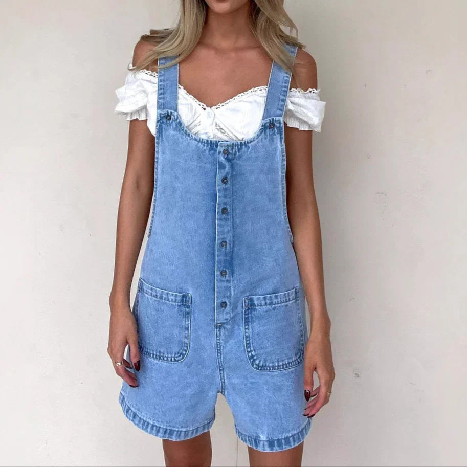 Women's Loose Fit Denim Dungaree Shorts with Adjustable Straps and Pockets